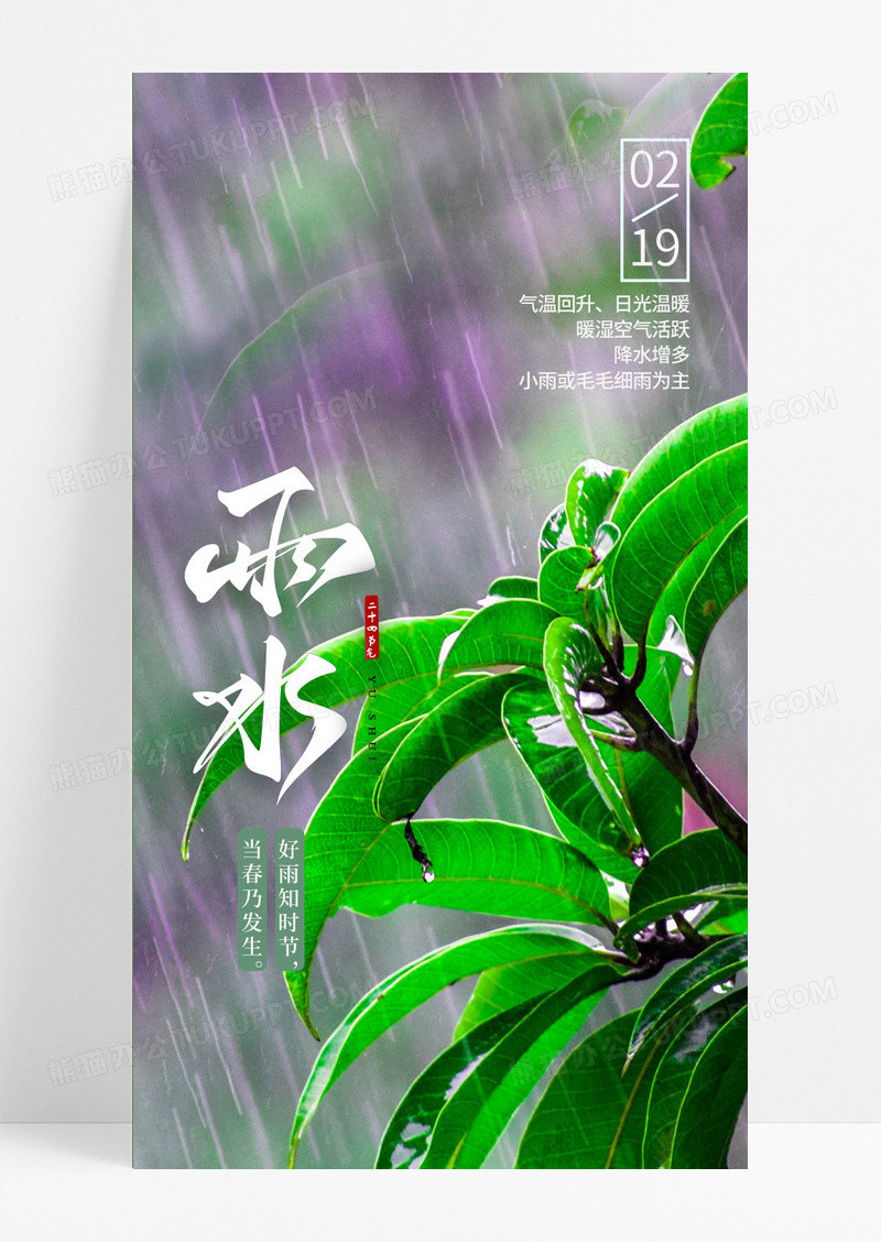 中国传统节气雨水节气雨水雨滴树叶绿色摄影简约长图