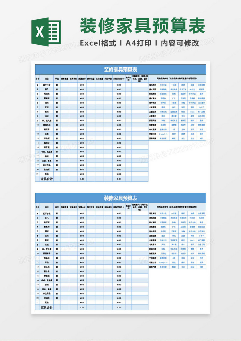 全房家具装修预算表(升级版带公式)Excel模板