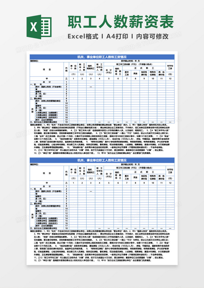 机关事业单位职工人数和工资情况Excel模板