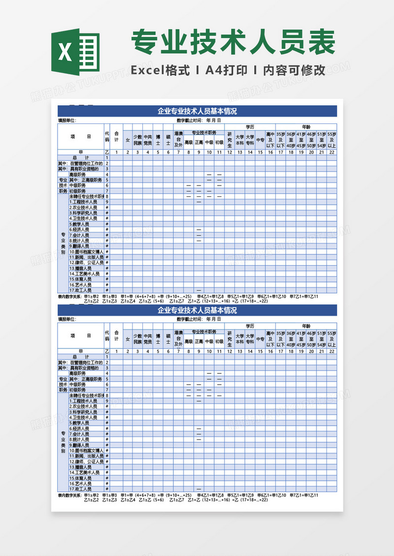 企业专业技术人员基本情况表Excel模板
