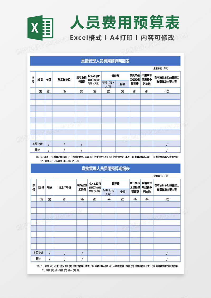 直接管理人员费用预算明细表Excel模板