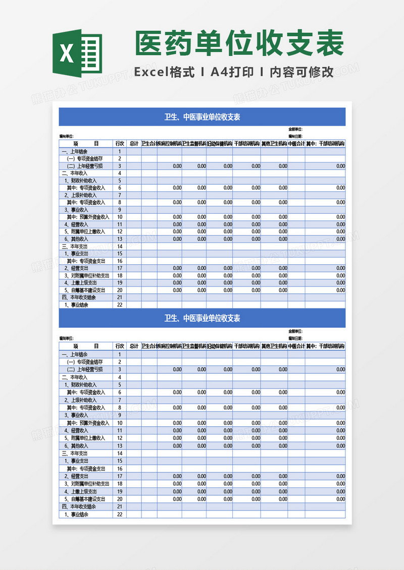 卫生、中医事业单位收支表Excel模板