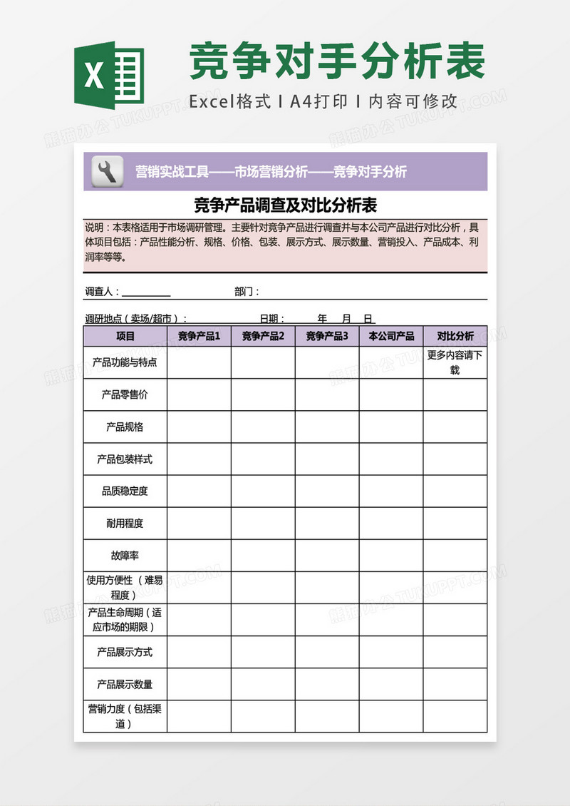 竞争产品调查及对比分析表excel表格模板