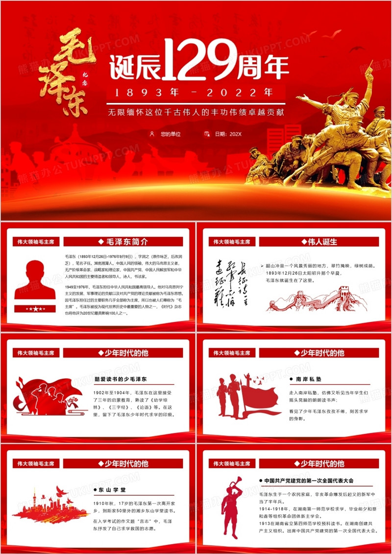 红色党政风毛泽东诞辰129周年PPT模板
