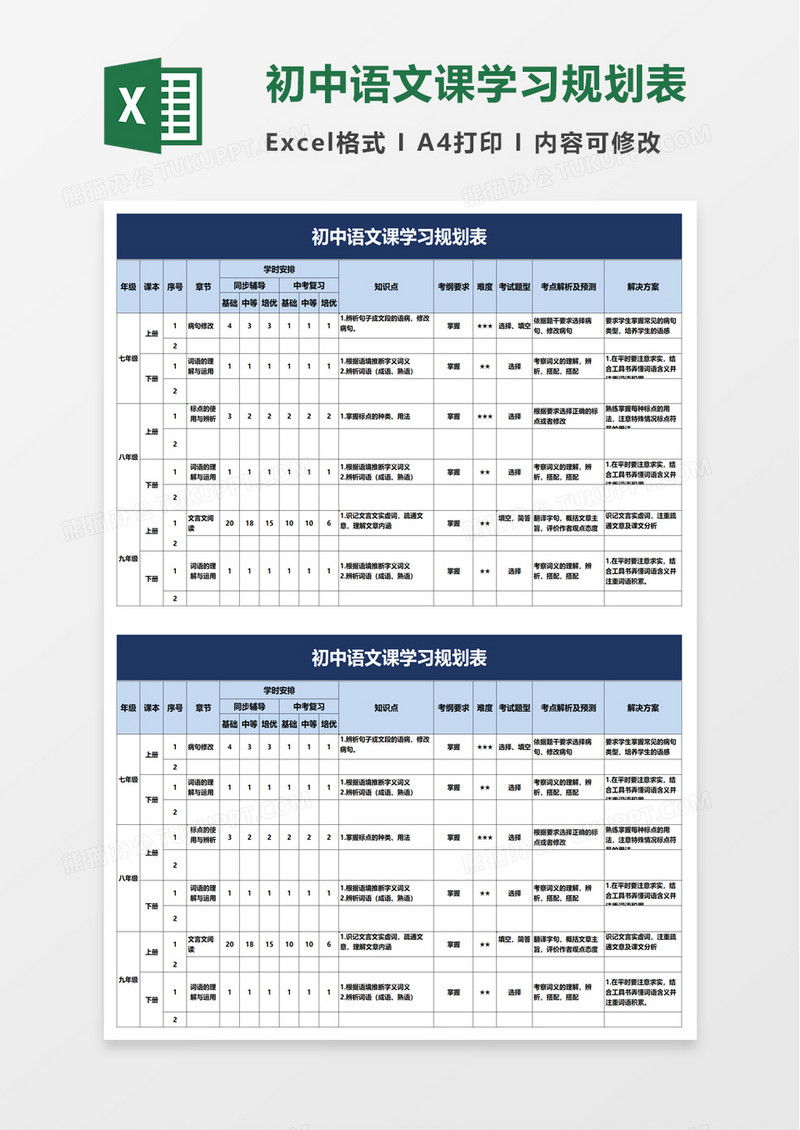 初中语文课学习规划表excel模板