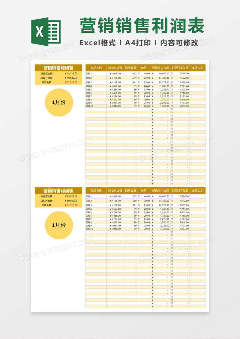营销销售利润表Excel模板