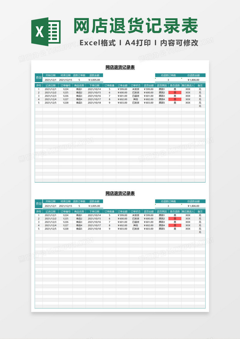 网店退货记录表Excel模板