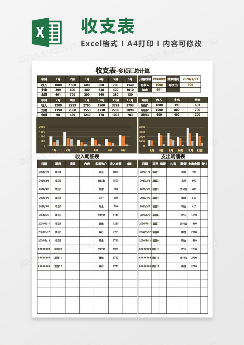 收支表-多项汇总计算Excel模板