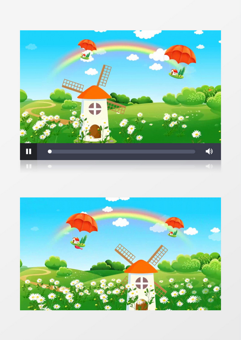 高清卡通田野风车热气球背景视频（有音乐）