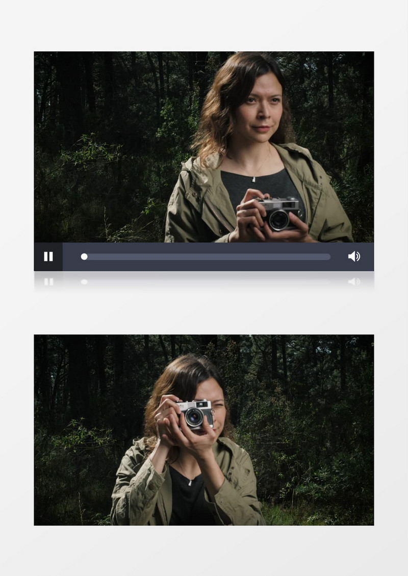 一个女士拿着老式相机在树林里拍照实拍视频素材