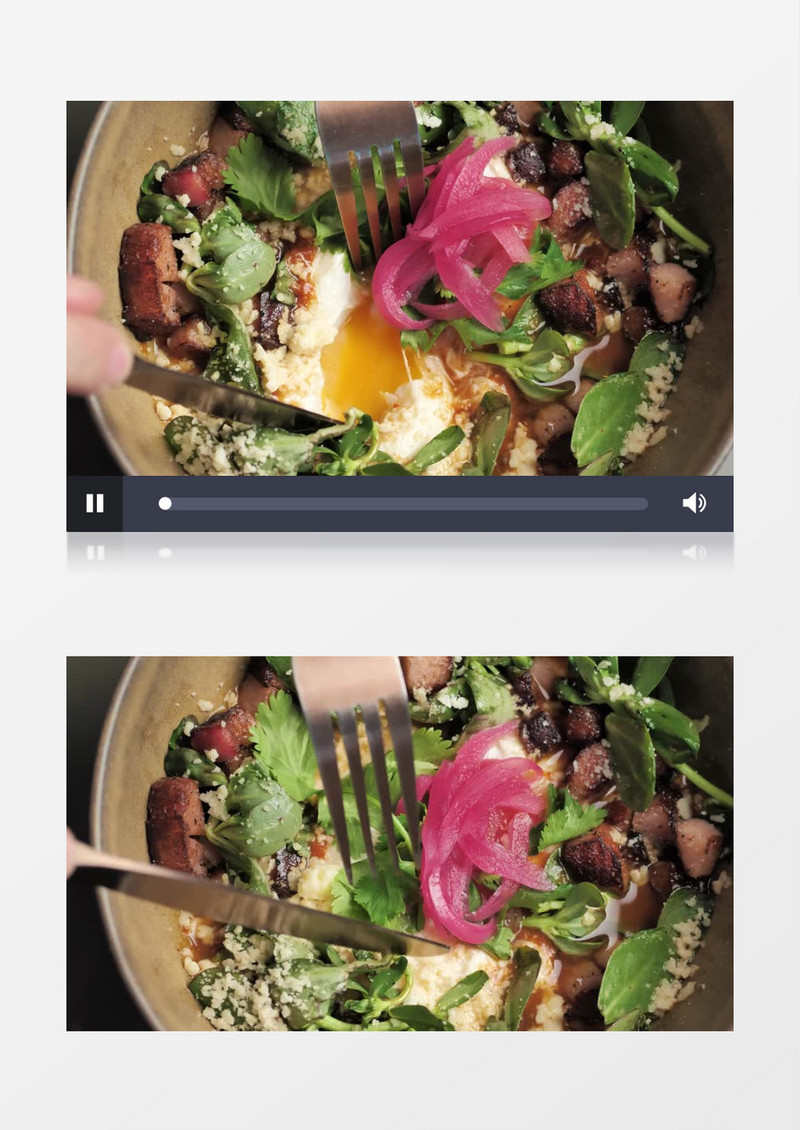特写拍摄用餐具在餐盘里切开鸡蛋实拍视频素材