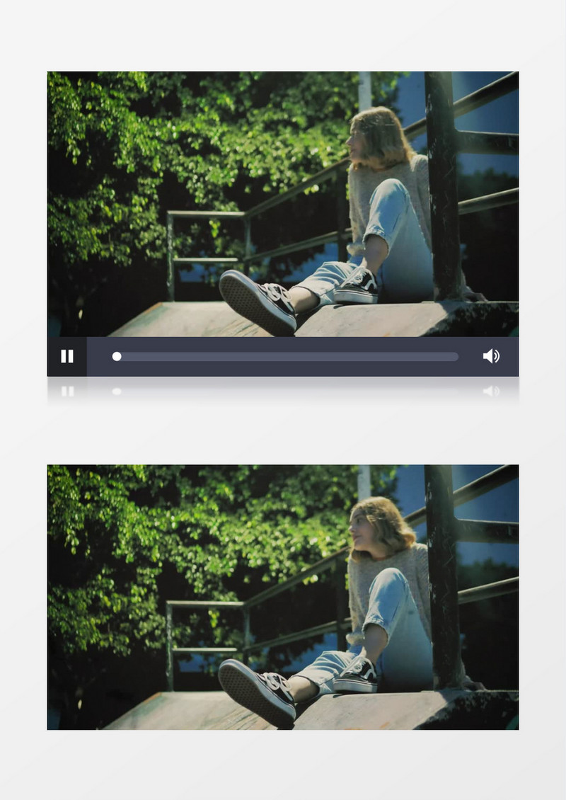 金发女孩坐在地上看朋友玩滑板实拍视频素材