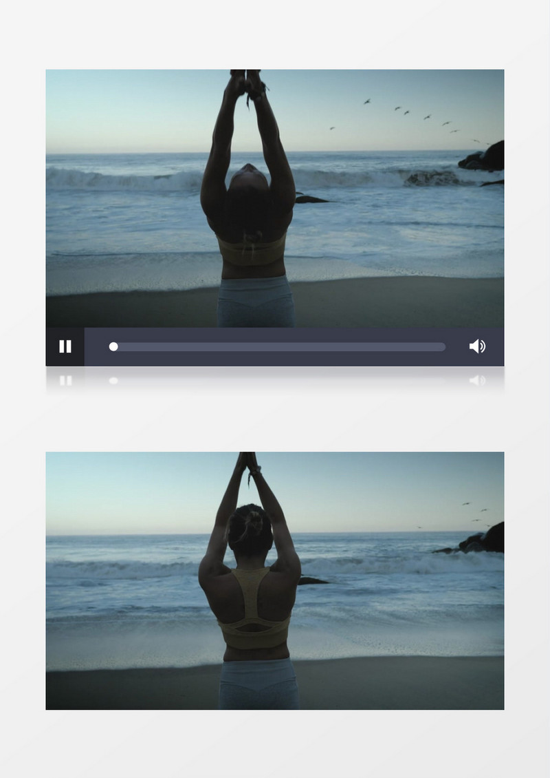扎着丸子头的美女在海边做瑜伽实拍视频素材