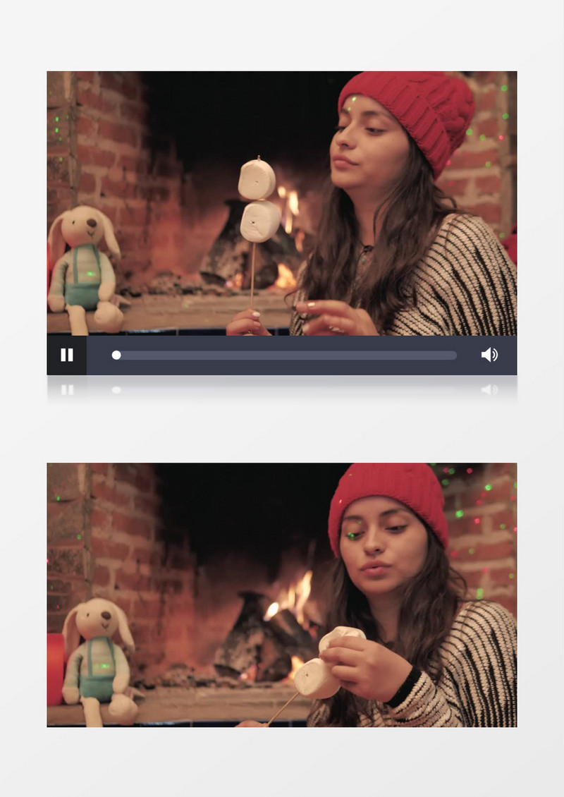 毛线帽女孩在烤小馒头实拍视频素材