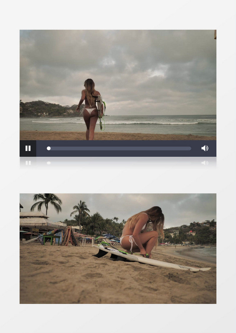 比基尼女孩抱着冲浪板去冲浪实拍视频素材