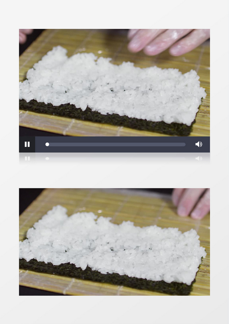 开始铺上大米制作寿司实拍视频素材