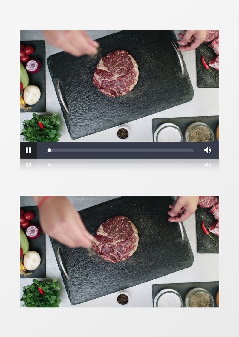 厨师在案板的牛肉上放调料实拍视频素材
