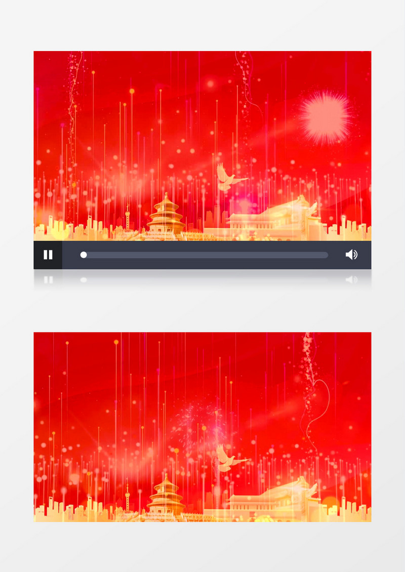 红色大气烟花绽放金色粒子飞舞城市剪影背景视频