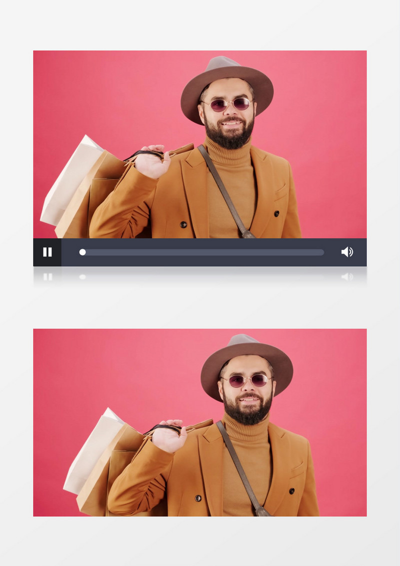 男模特戴着帽子拎着两个购物袋微笑实拍视频素材实拍视频素材
