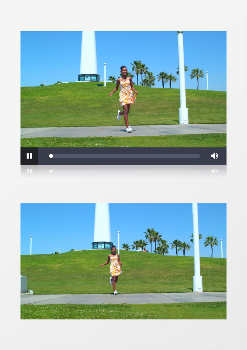 小女孩在灯塔方向奔跑而来实拍视频素材