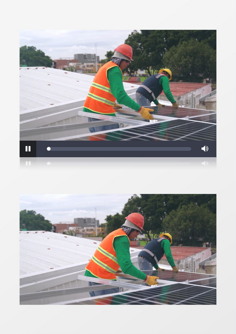 两个工人在合作安装太阳能电池板实拍视频素材