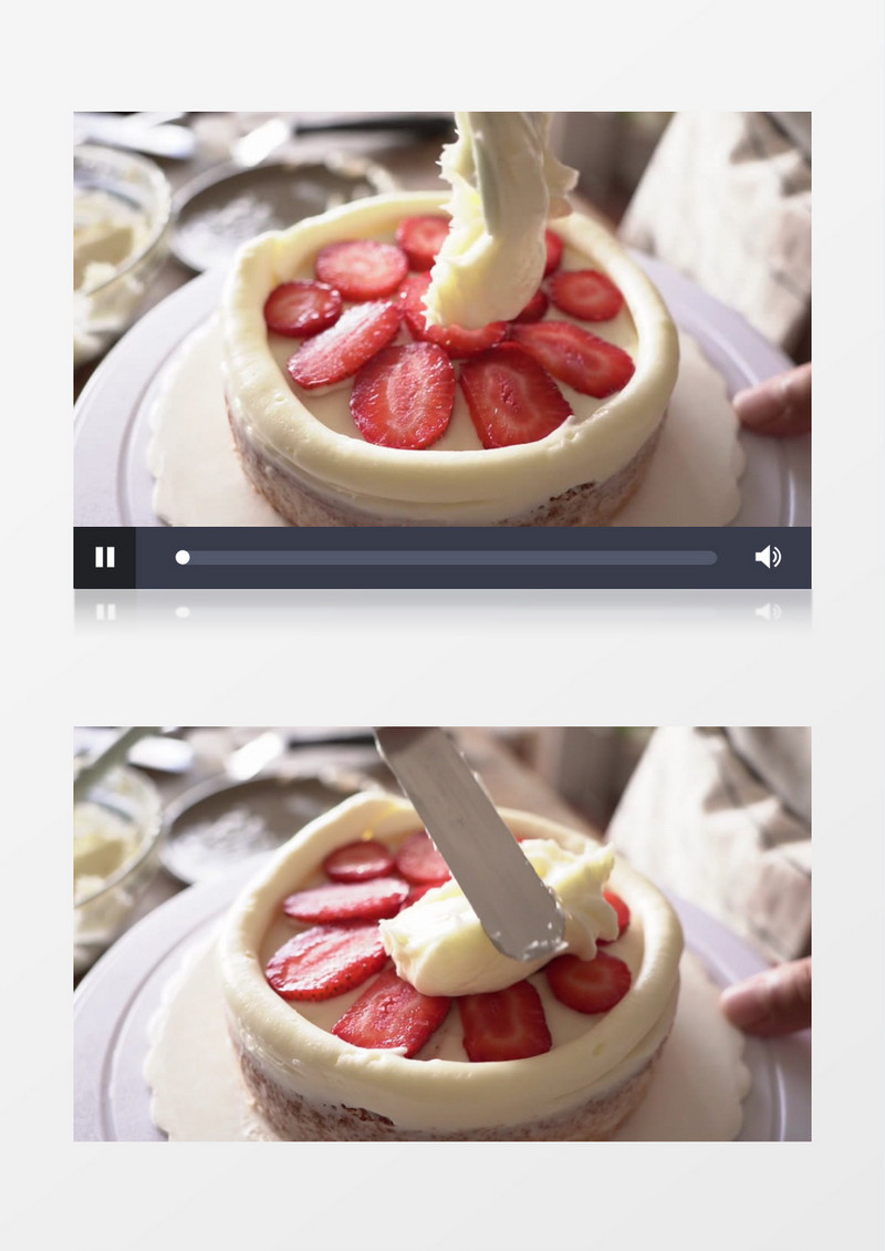 糕点师在给草莓蛋糕中抹奶油实拍视频素材