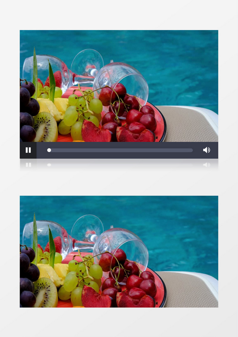 海边的桌子上摆满了水果实拍视频素材