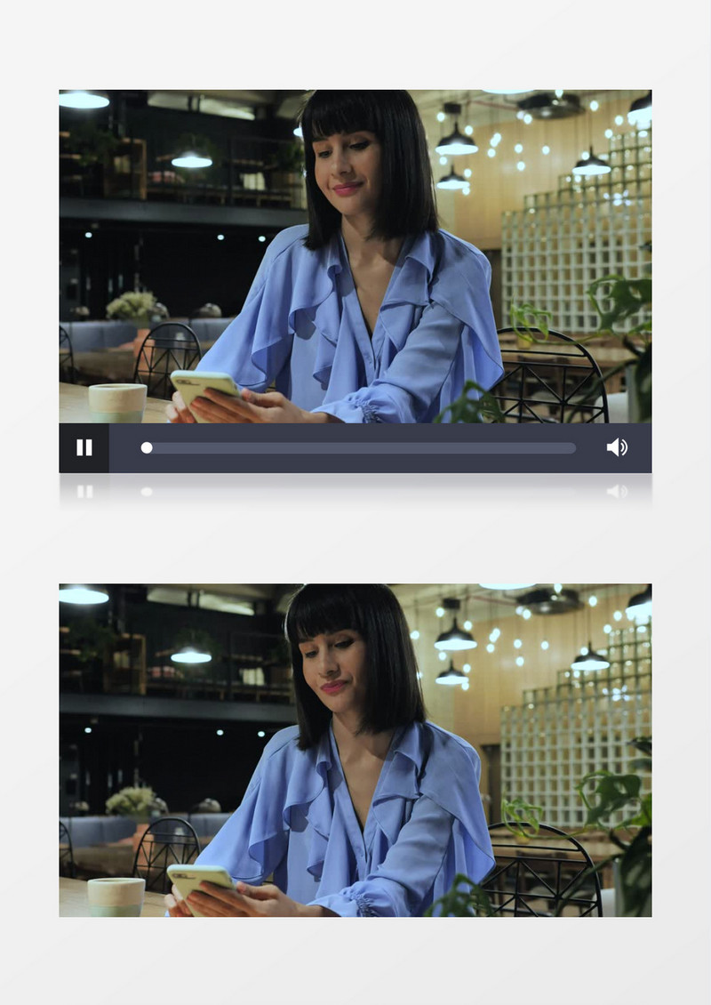 坐在餐吧玩手机的黑发女人实拍视频素材