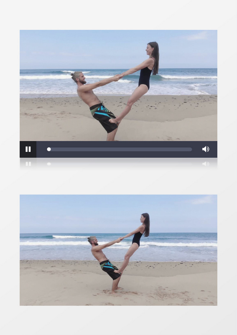 情侣在海边做双人瑜伽实拍视频素材