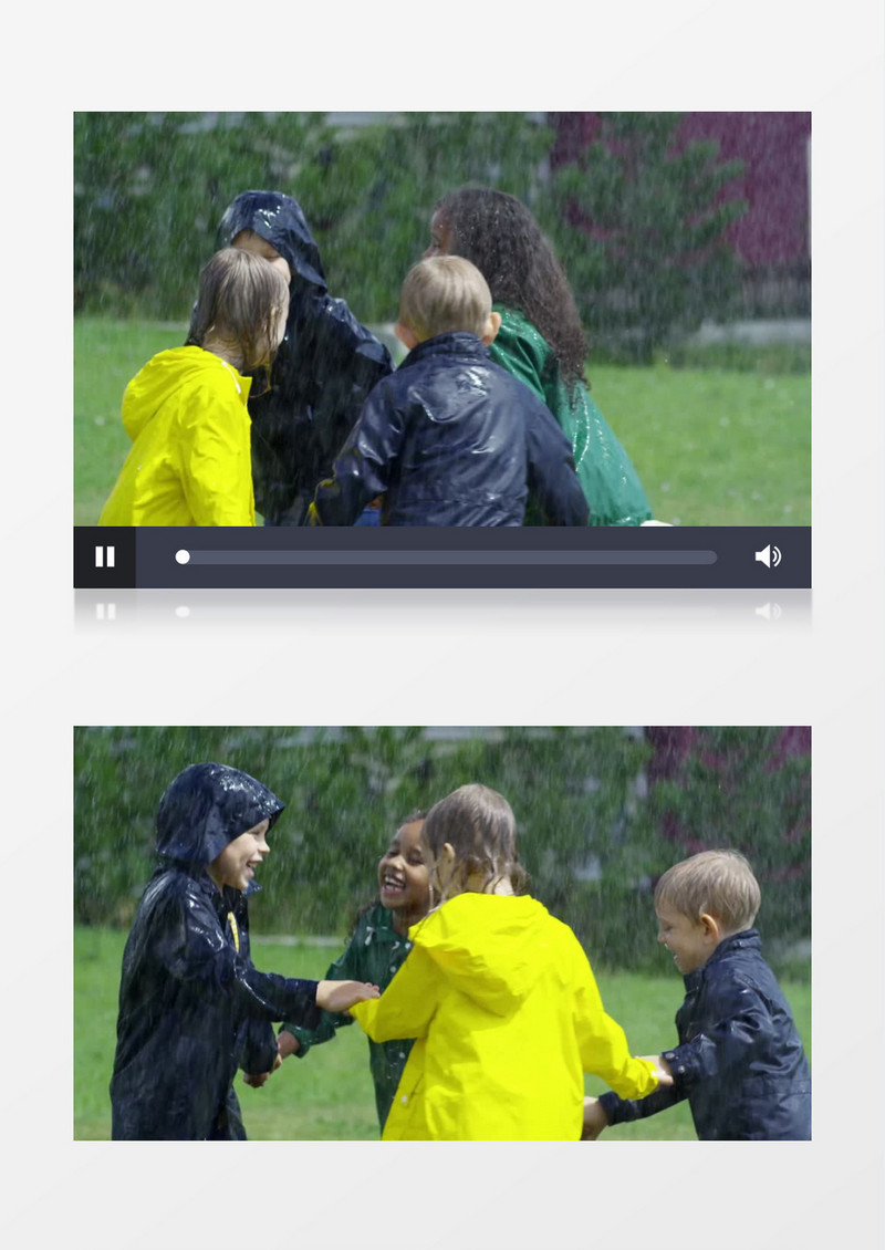 孩子们冒雨在草地上牵手转圈实拍视频素材 