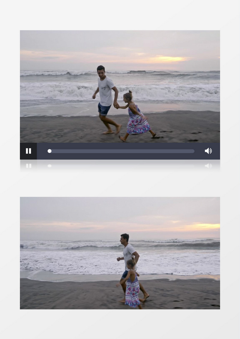 爸爸领着女儿在海边快速奔跑实拍视频素材