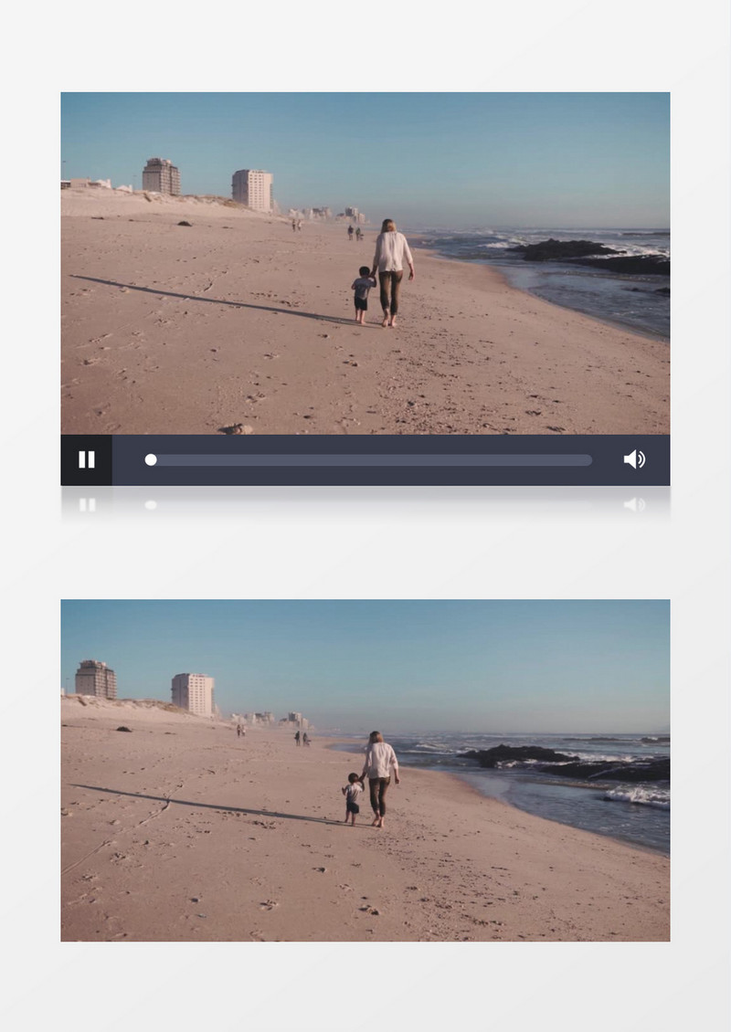 妈妈牵着宝贝在海边散步实拍视频素材