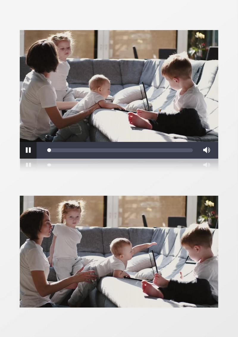 妈妈陪着三个宝宝在沙发上玩耍实拍视频素材