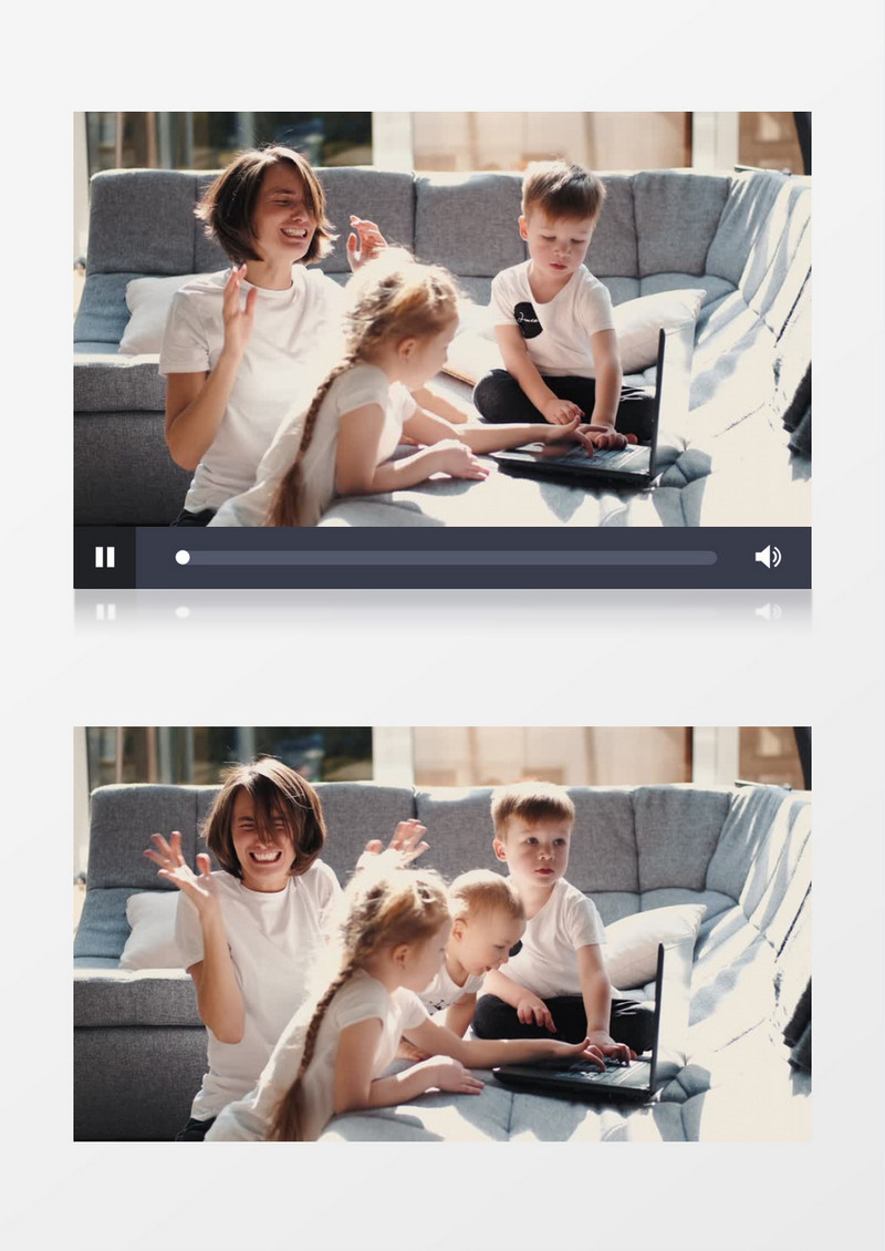 妈妈陪着三个宝宝在玩电脑实拍视频素材