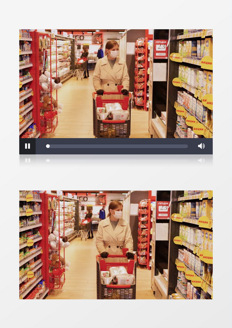 女人推着购物车在超市选购商品实拍视频素材