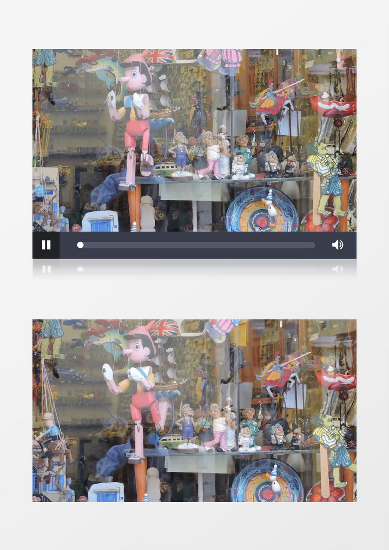 多种小木偶陈列在商店橱窗实拍视频素材