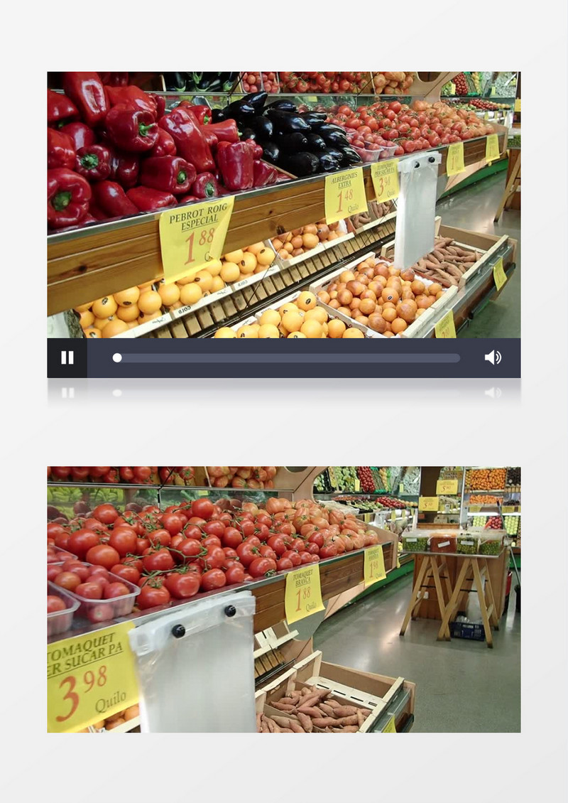 蔬果整齐的陈列在货架上实拍视频素材