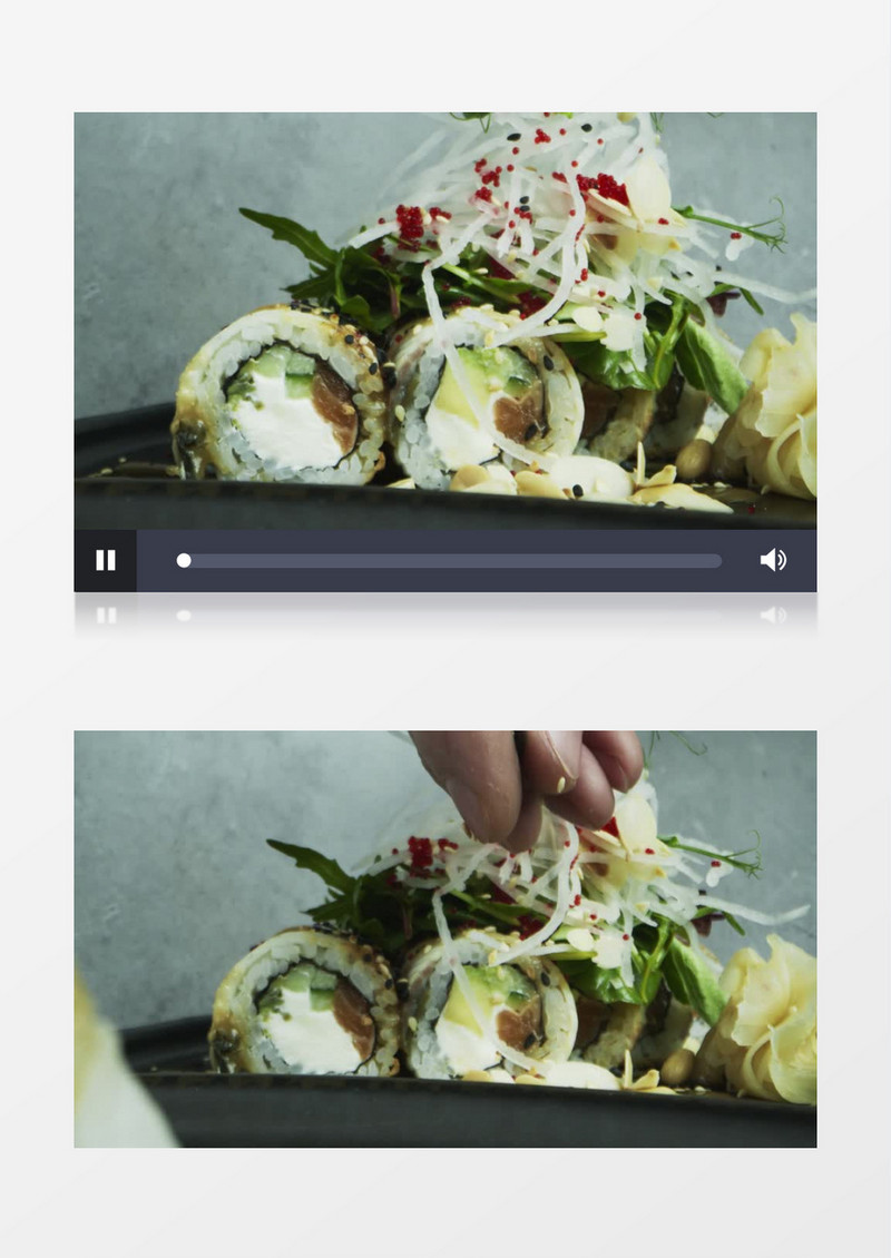往摆好盘的寿司上撒料实拍视频素材
