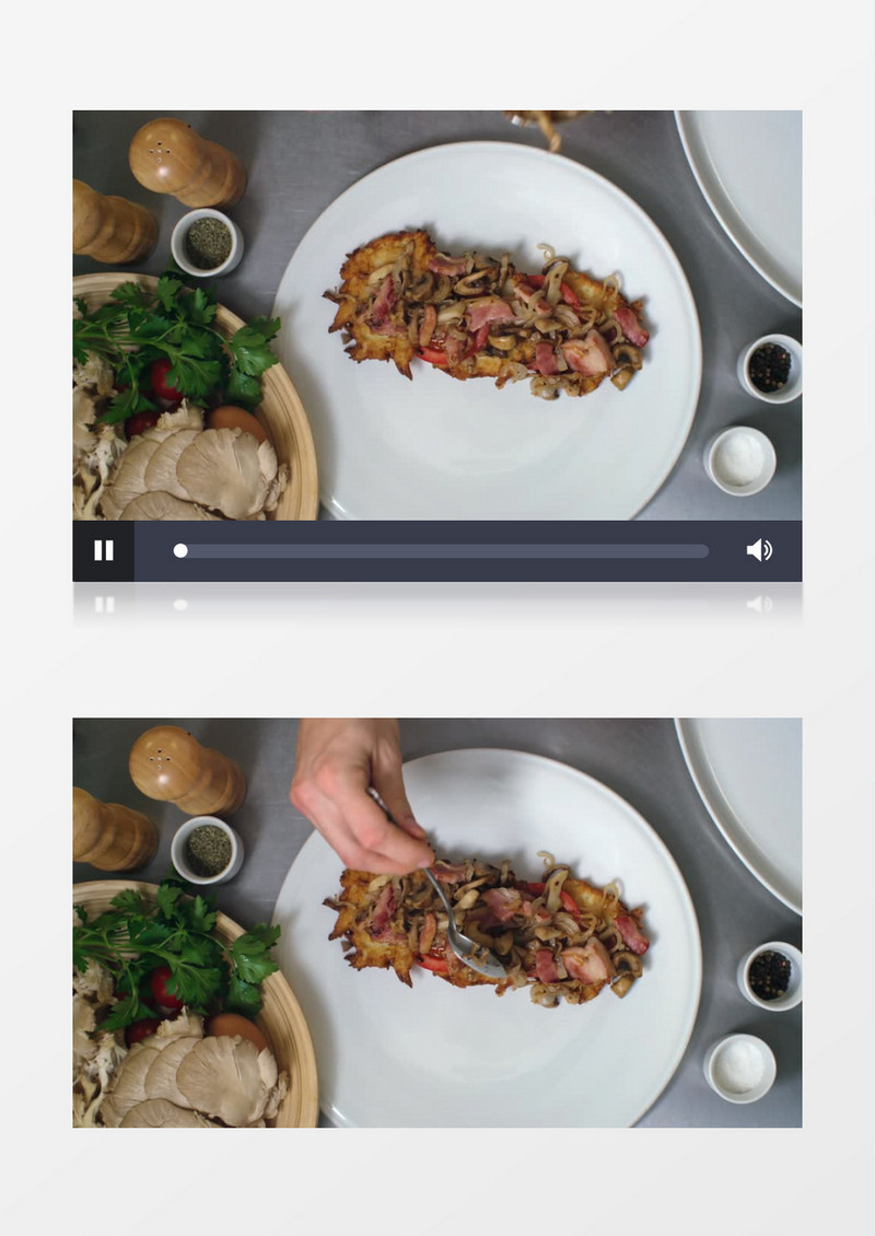 用勺子在盘中摆放食物实拍视频素材