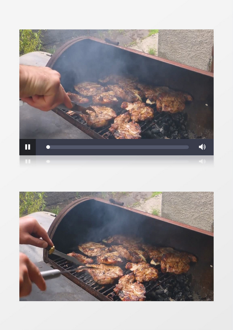 在烤架上用刀叉切烤肉实拍视频素材