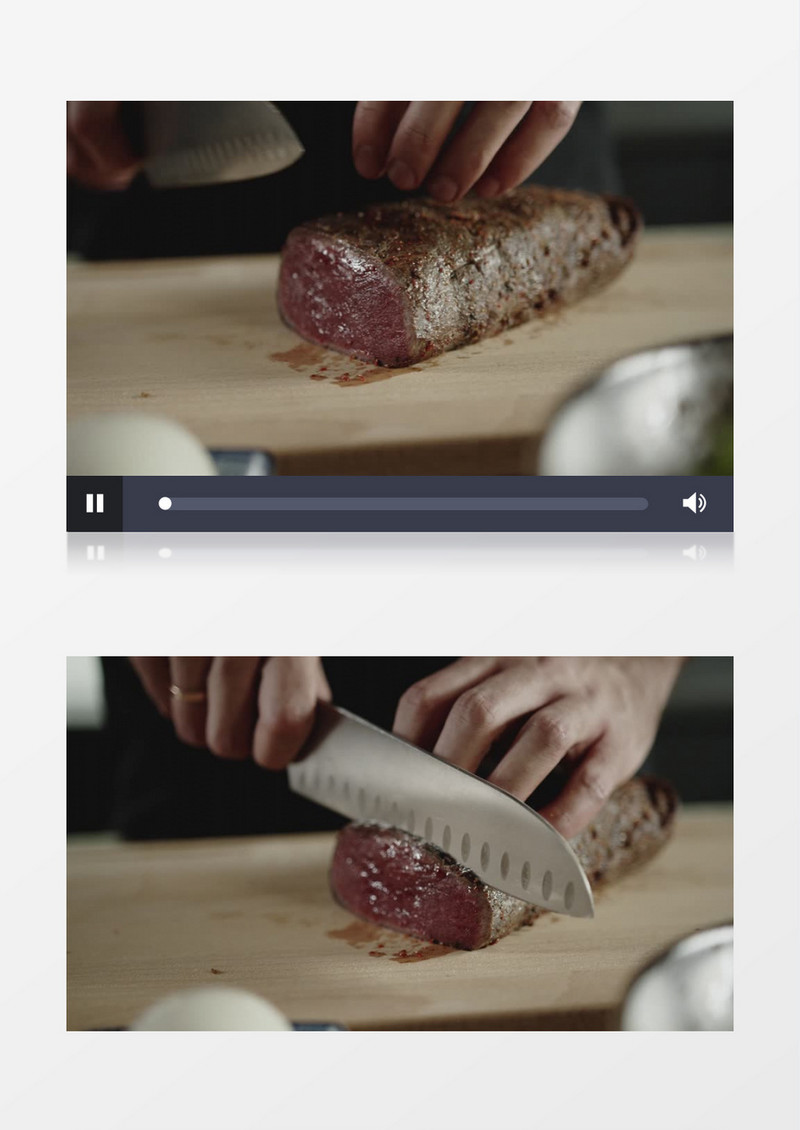 厨师用刀切煎好的牛排实拍视频素材