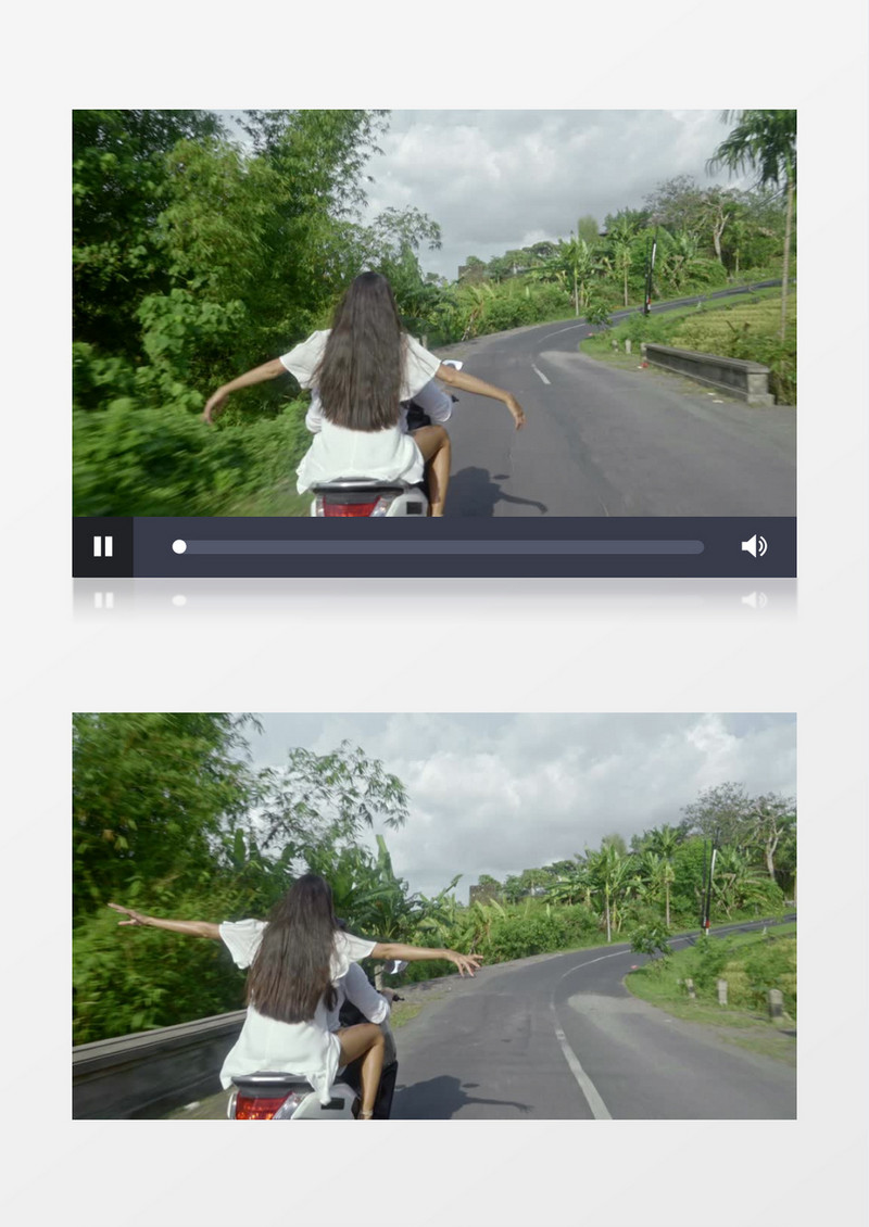 坐在摩托车后座的美女行驶在路上实拍视频素材