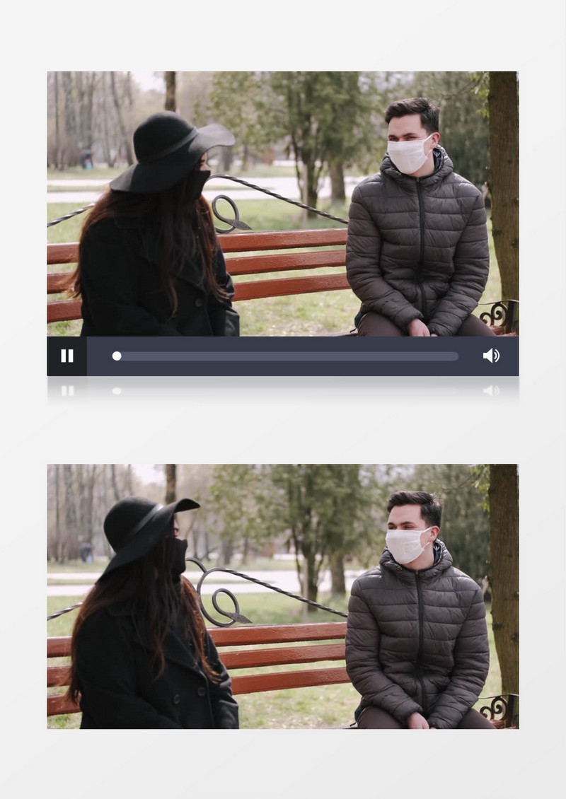 戴着口罩坐在长椅上交谈的一对情侣实拍视频素材