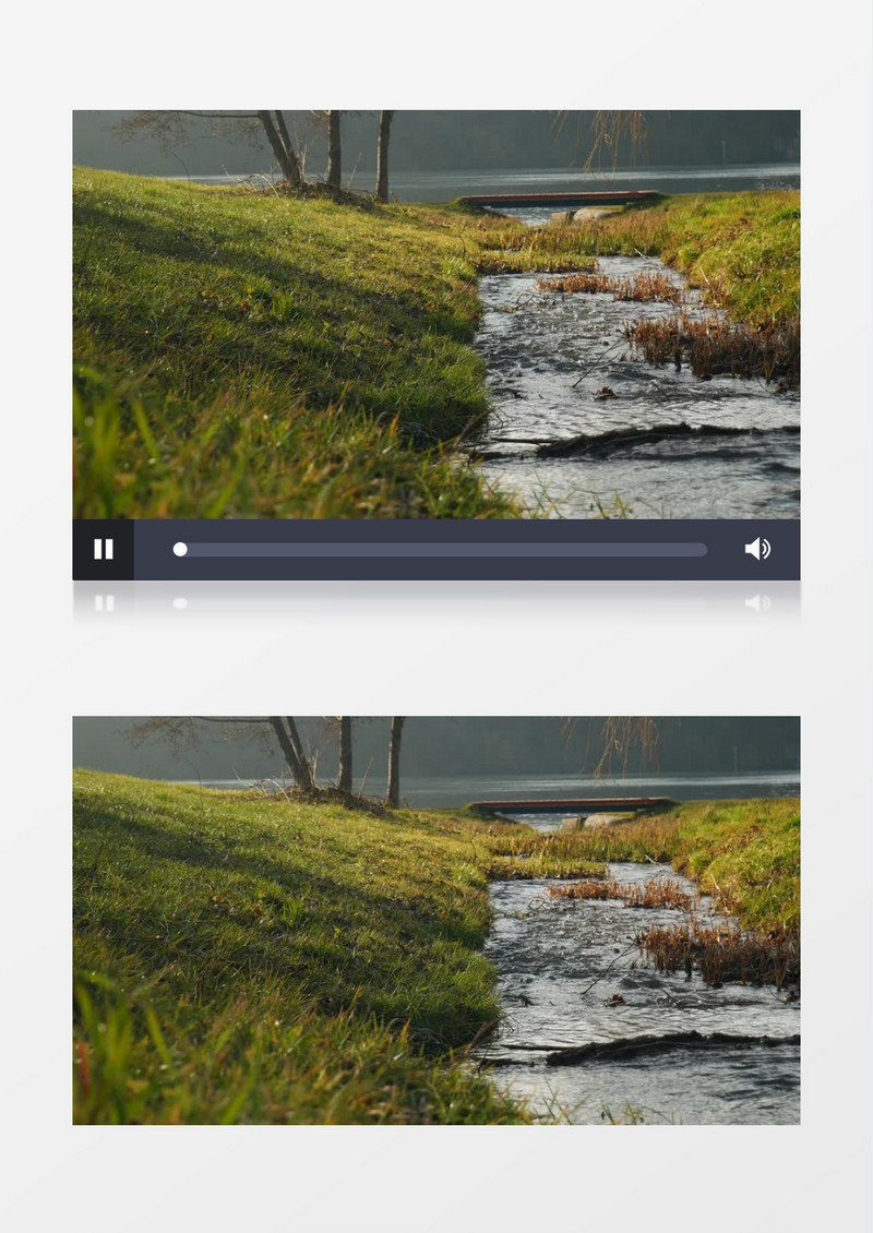 草地旁边的小溪汇入大河实拍视频素材