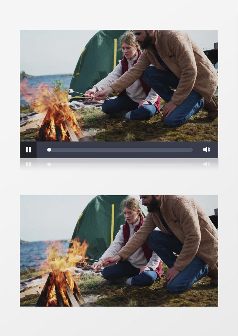 一对年轻的男女在海边烤食物实拍视频素材