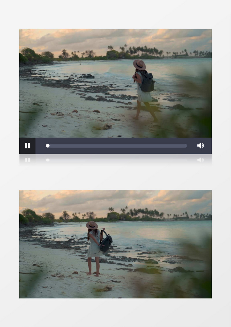 女孩在海边沙滩上放下背包实拍视频素材