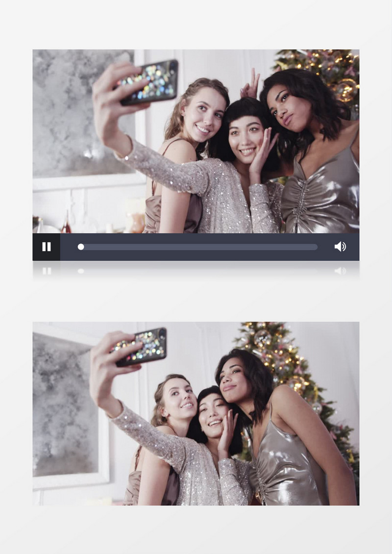 三个女孩在圣诞树前开心自拍实拍视频素材