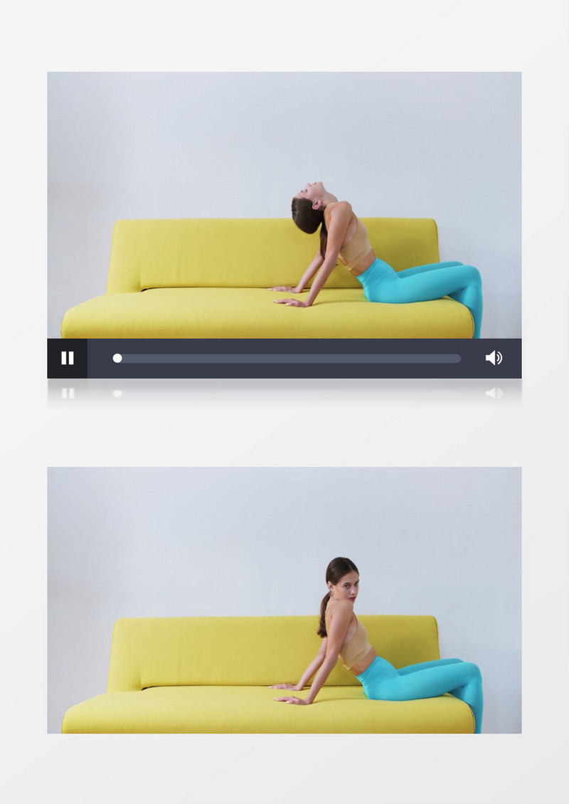 一个女子在沙发上做舒缓运动实拍视频