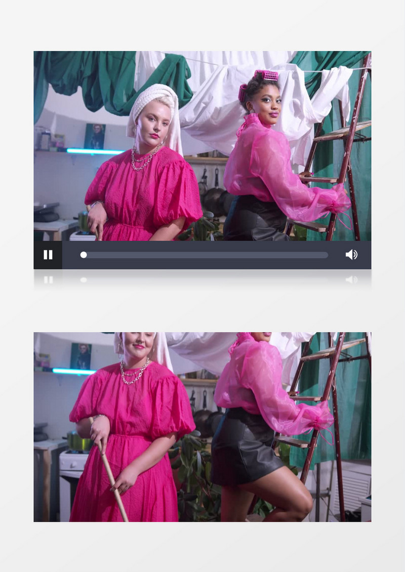 两个女模特对着镜头凹造型拍摄时尚大片实拍视频素材
