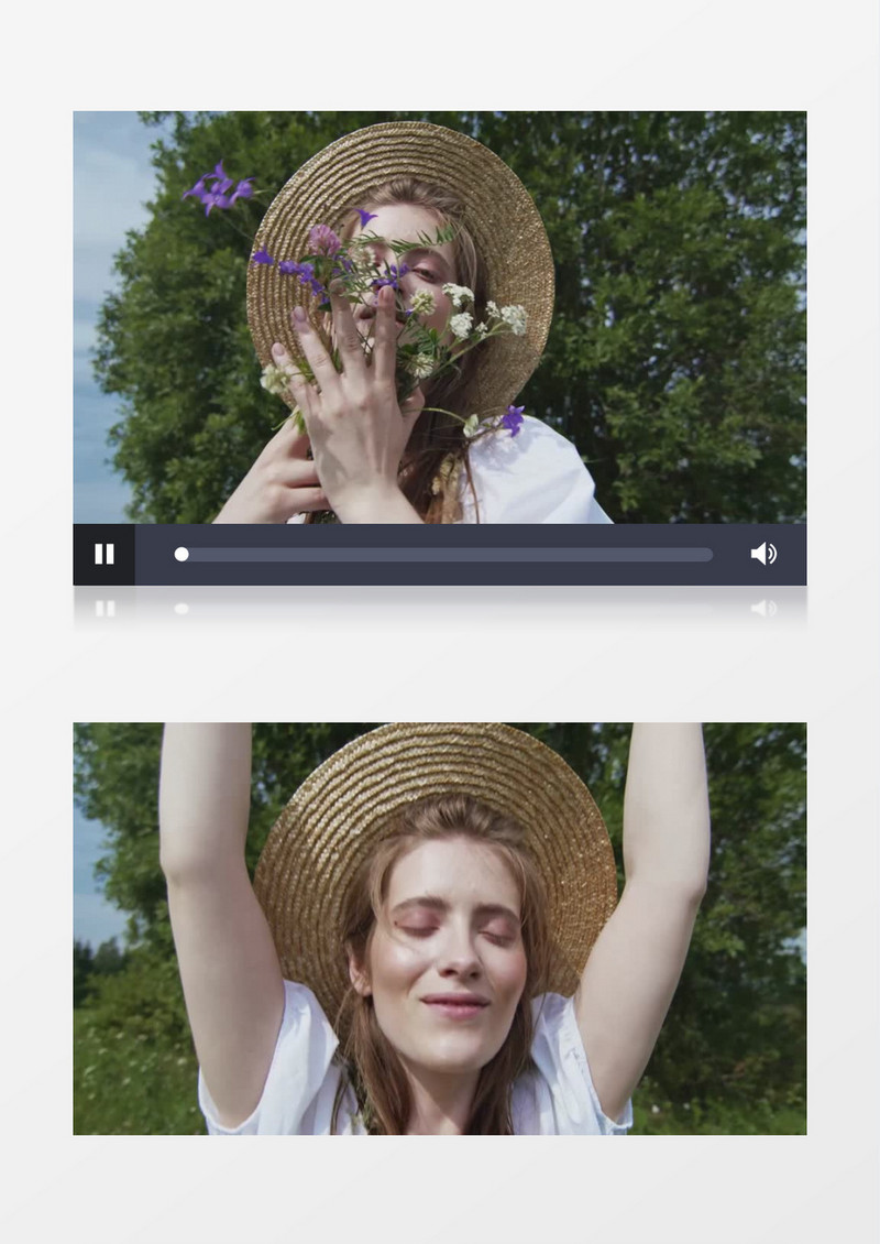 美女戴着草帽拿着花束戴在耳朵上实拍视频素材